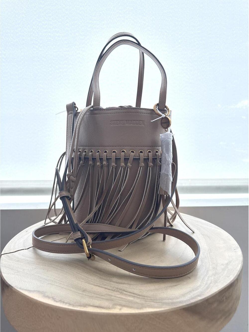 NWT Steve Madden Fringe Bucket Bag Taupe Mini Crossbody